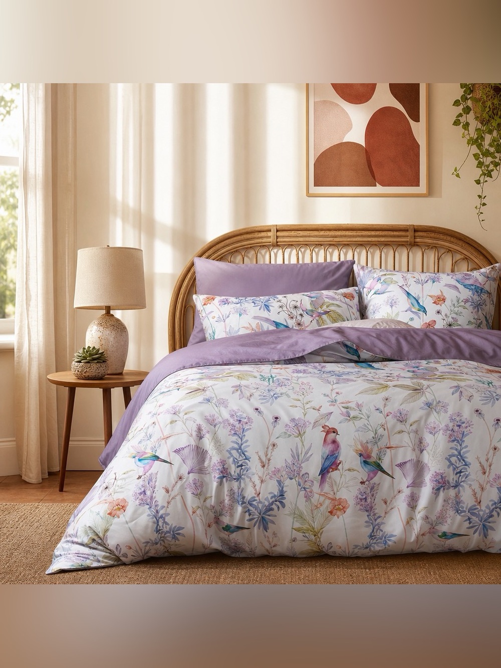 NEW Anthro Purple Floral Bird Boho Cotton Queen / King Bedding Duvet & Sham Set - Picture 7 of 13